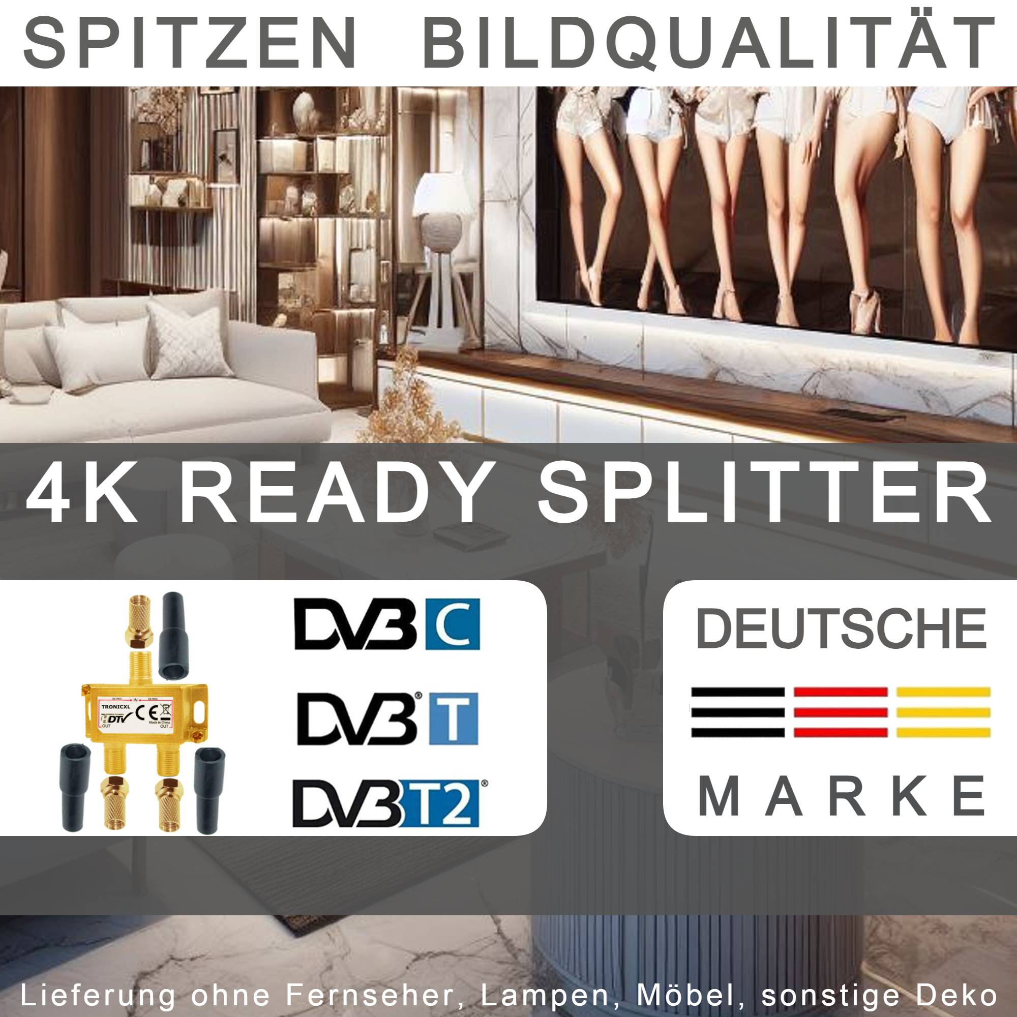 Sat Splitter 2-Fach + F-Stecker + Wetterschutz Kappe vergoldet SAT Verteiler Fernsehen Fernseher