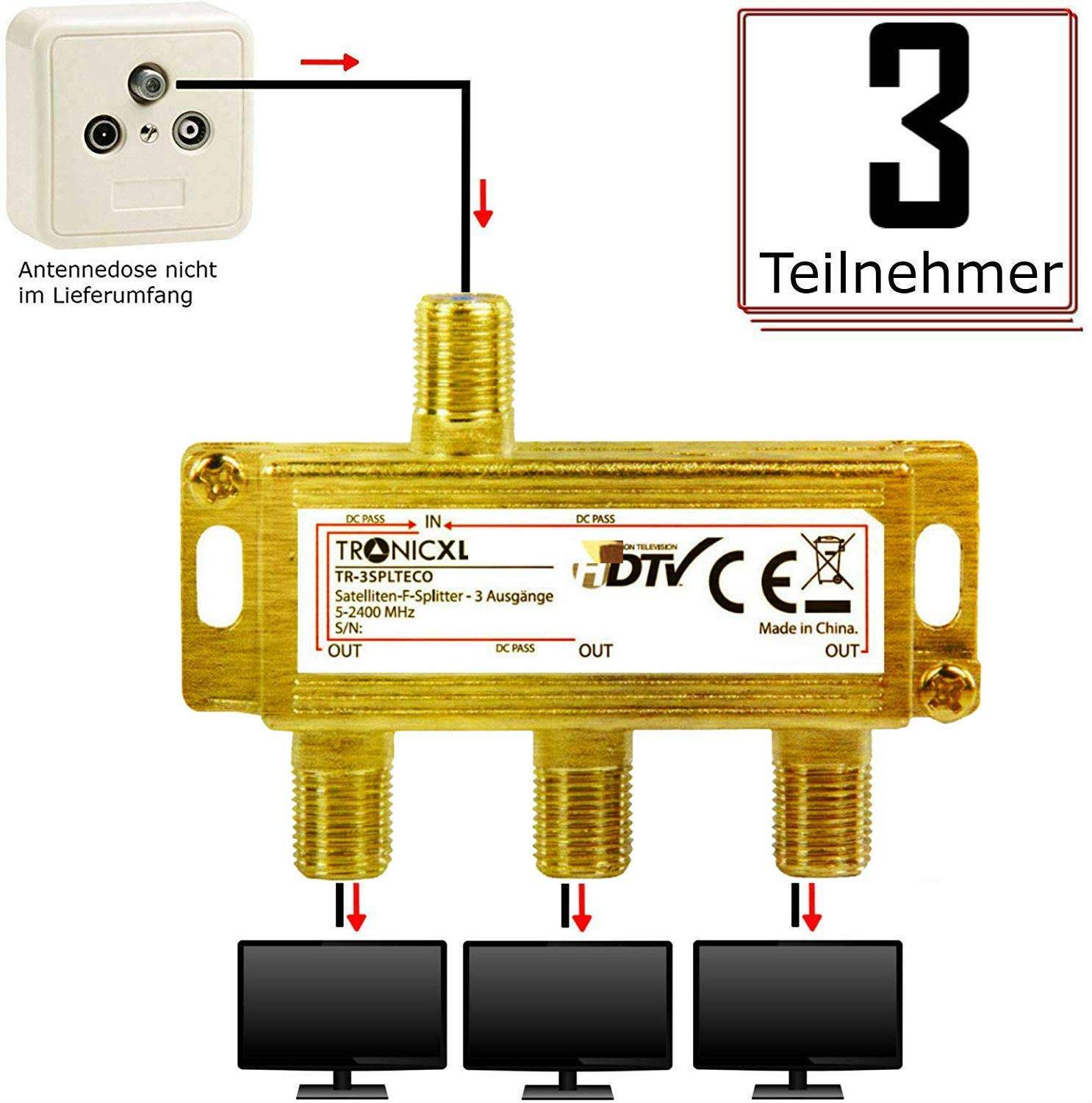 Répartiteur satellite iec gold 3 voies, distributeur d'antenne, adaptateur câble tv 3 voies, télévision par câble coaxiale