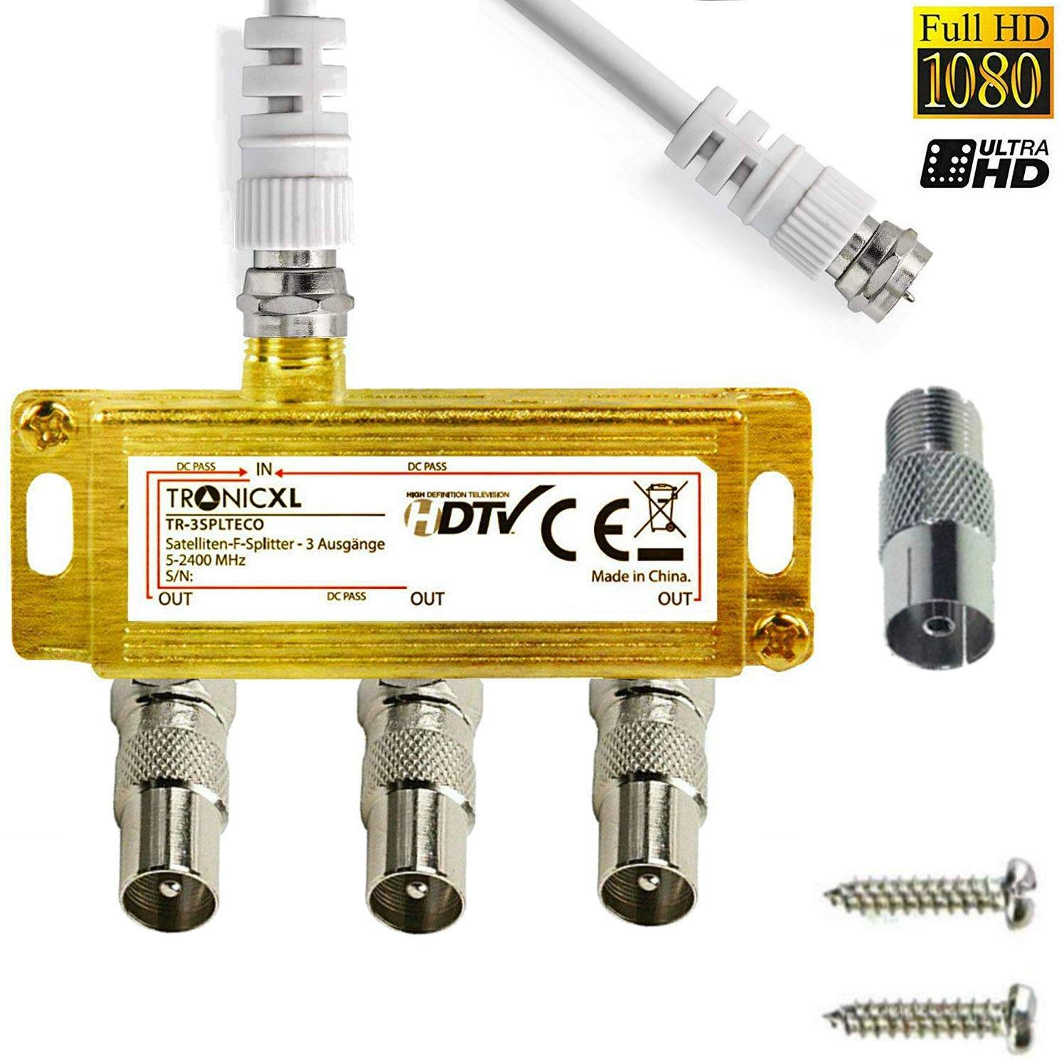 3-Fach IEC GOLD Sat Splitter Verteiler Antennenverteiler 3fach TV Kabel Adapter Kabelfernsehen Koax Fernseher