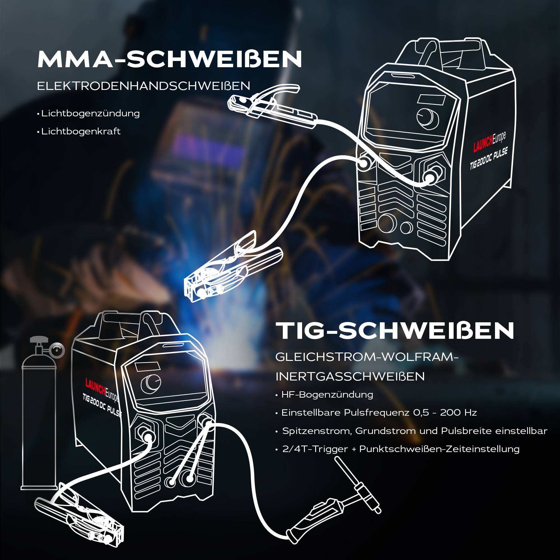 LAUNCH Schweißgerät TIG 200 mit DC MMA, TIG und Impulsbasiertes TIG Schweißen