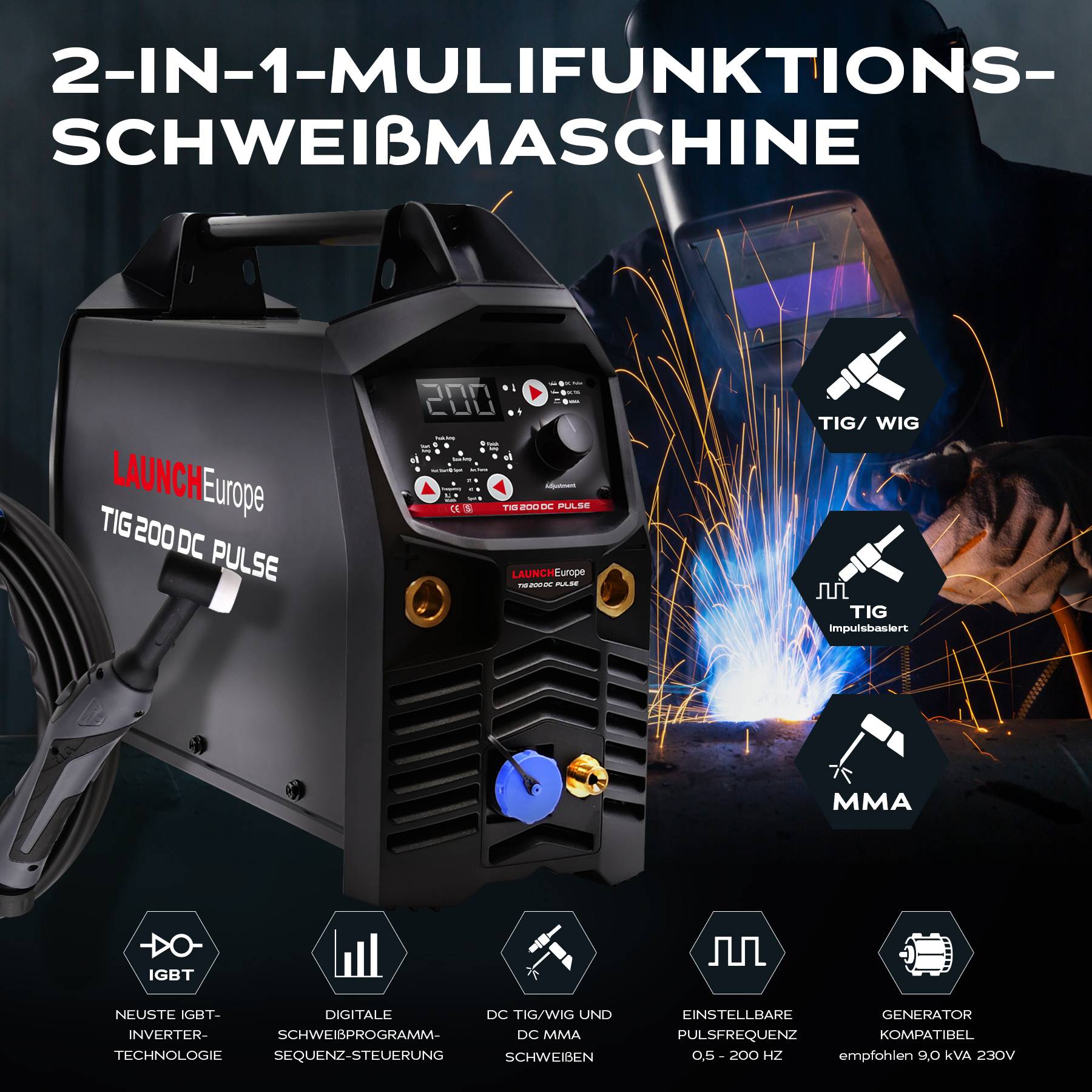 LAUNCH Schweißgerät TIG 200 mit DC MMA, TIG und Impulsbasiertes TIG Schweißen