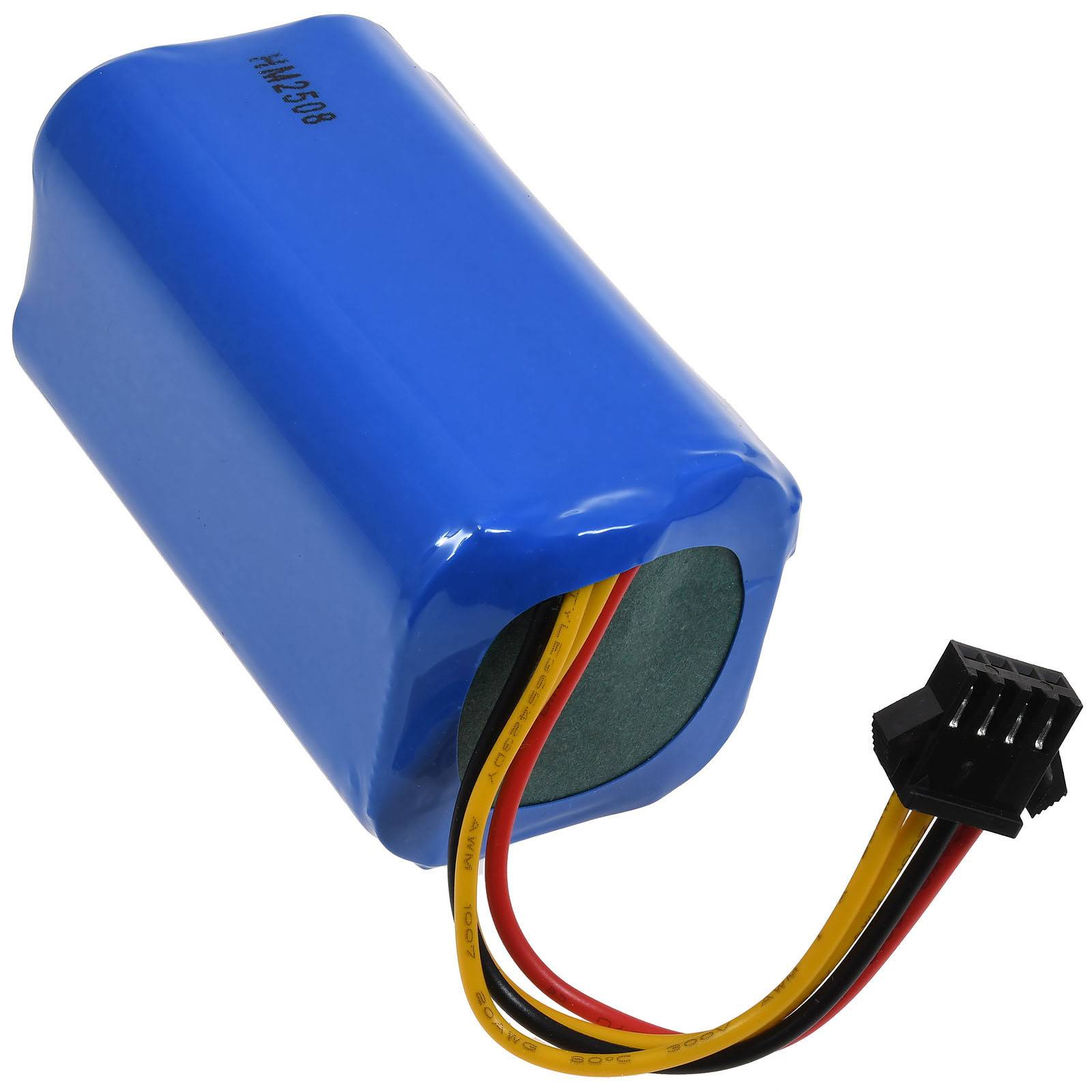 Eine blaue zylindrische Akku-Batterie mit gelben, roten und schwarzen Kabeln und einem schwarzen Anschluss.