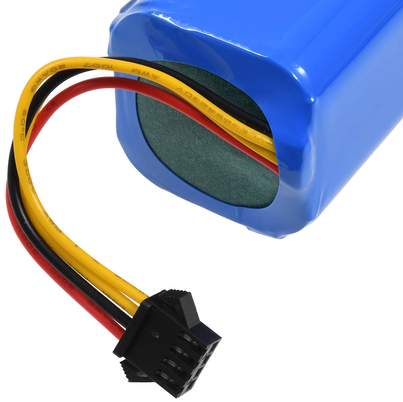 Ein blauer zylindrischer Akkupack mit roten, gelben und schwarzen Kabeln, die in einen schwarzen Anschlussstecker enden.