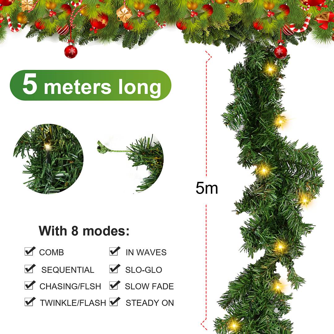 Weihnachtsgirlande - 5m mit 100 LED - mit Lichterkette - warmweiß - Out/Indoor - Tannengirlande
