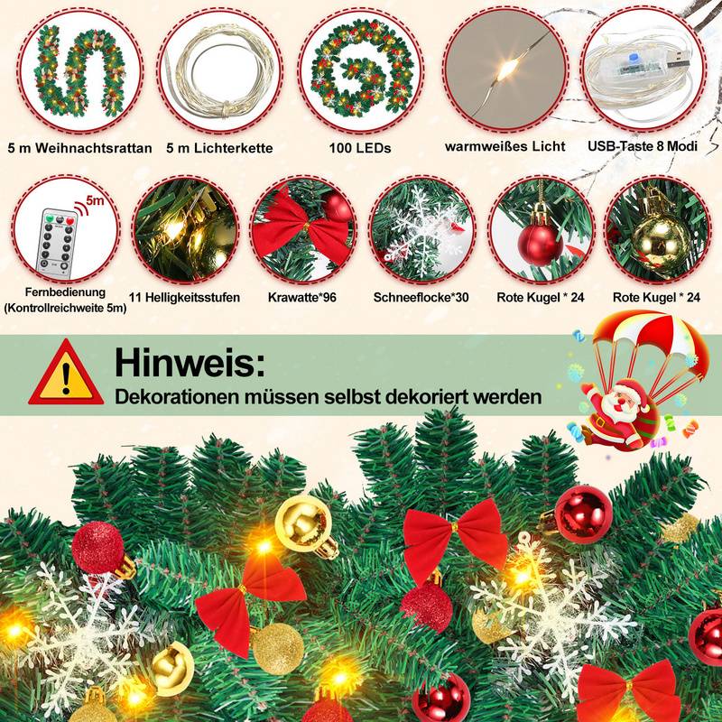 Weihnachtsgirlande Weihnachtskranz 5M USB Künstliche Tannengirlande mit Fernbedienung Zweiggirlande Hängend