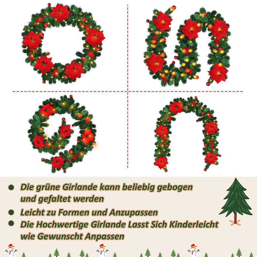 # Vier Beispiele einer flexiblen Weihnachtsgirlande, die zu einem Kranz, Buchstaben, einer Spirale und einem Bogen geformt ist, mit deutschem Text, der besagt, dass sie in jede gewünschte Form gebogen und gefaltet werden kann.