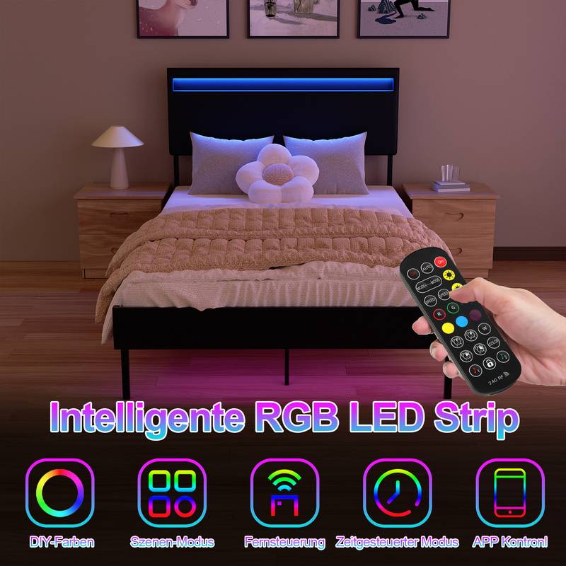 Bettgestell hohes Kopfteil robustes Bettgestell Maximale 140x200CM Tragfähigkeit 350 kg für Schlafzimmerbett Kunstleder LED-Beleuchtung Mit Fernsteu