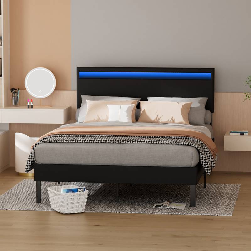 Bettgestell hohes Kopfteil robustes Bettgestell Maximale 140x200CM Tragfähigkeit 350 kg für Schlafzimmerbett Kunstleder LED-Beleuchtung Mit Fernsteu