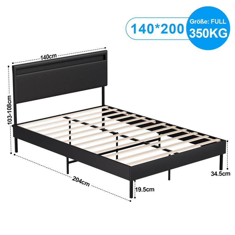 Bettgestell hohes Kopfteil robustes Bettgestell Maximale 140x200CM Tragfähigkeit 350 kg für Schlafzimmerbett Kunstleder LED-Beleuchtung Mit Fernsteu