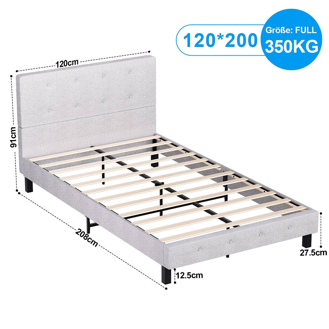 Graugepolstertes Vollgröße-Bettgestell mit Kopfteil; Abmessungen 120 x 200 cm, Tragfähigkeit 350 kg, und beschriftete Messwerte für Höhe und Länge.