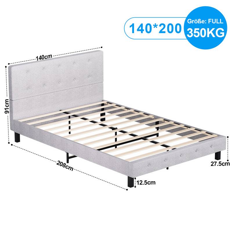 Bettgestell hohes Kopfteil robustes Bettgestell Maximale 140x200CM Tragfähigkeit 350 kg für Schlafzimmerbett Stoff in grau