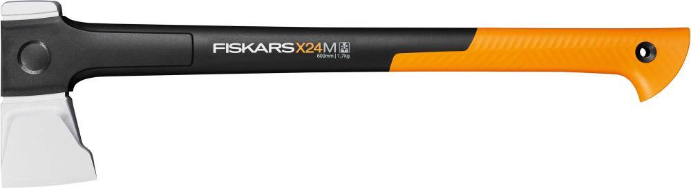 Fiskars X24 M Axt mit schwarzem Kopf und orangem Griff auf weißem Hintergrund.