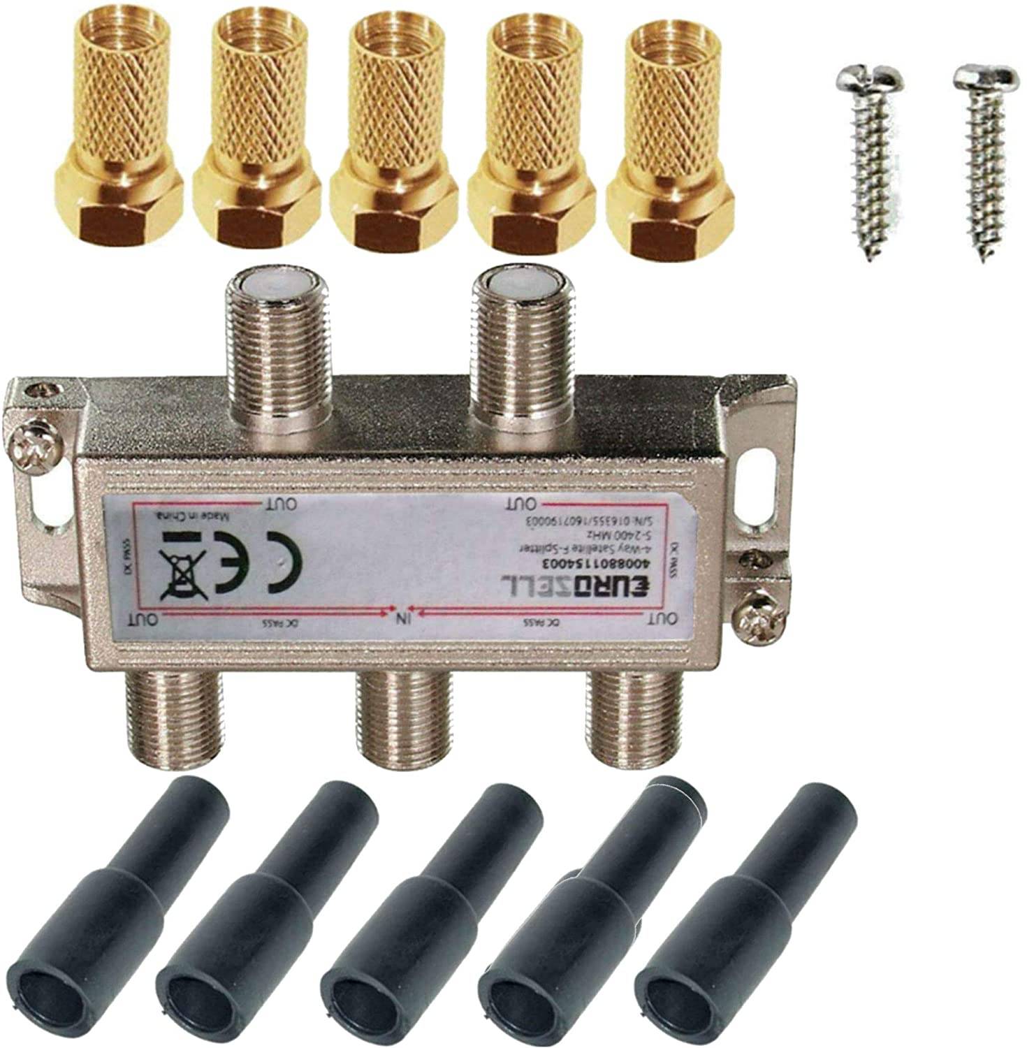 4-fach Antennenverteiler + Wetterschutz + F-Stecker BK SAT Splitter Verteilter HDTV