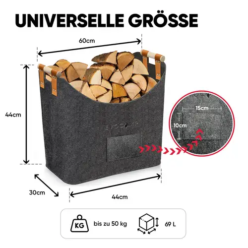 EVOCAMP Filzkorb Aufbewahrung für Brennholz, Korb aus Filz in Dunkelgrau, 44x44x30 cm, Holzgriffen, vielseitige Verwendungsmöglichkeiten EVOCAMP Filzkorb Aufbewahrung für Brennholz, Korb aus Filz in Dunkelgrau, 44x44x30 cm, Holzgriffen, vielseitige Verwendungsmöglichkeiten