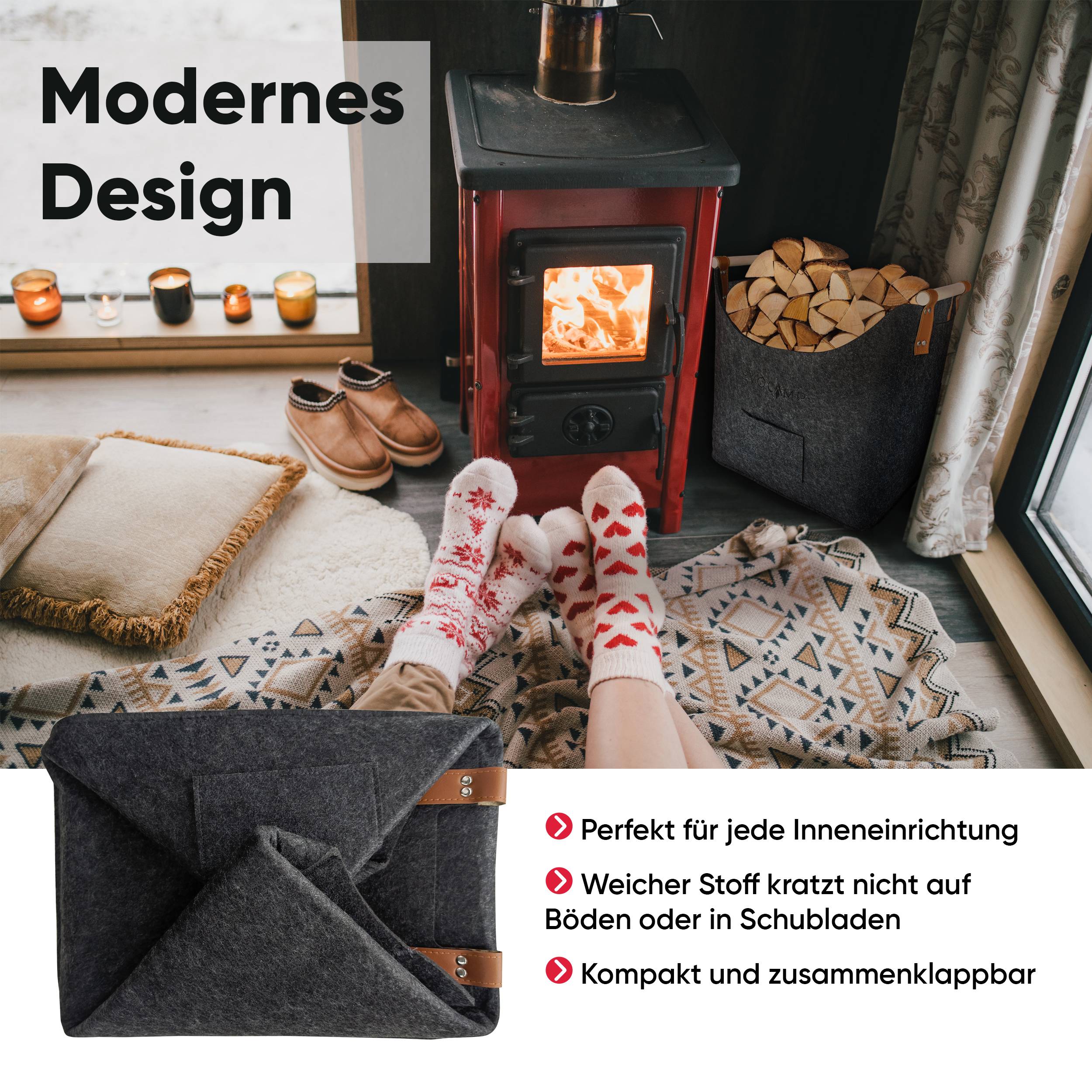 EVOCAMP Filzkorb Aufbewahrung für Brennholz, Korb aus Filz in Dunkelgrau, 44x44x30 cm, Holzgriffen, vielseitige Verwendungsmöglichkeiten