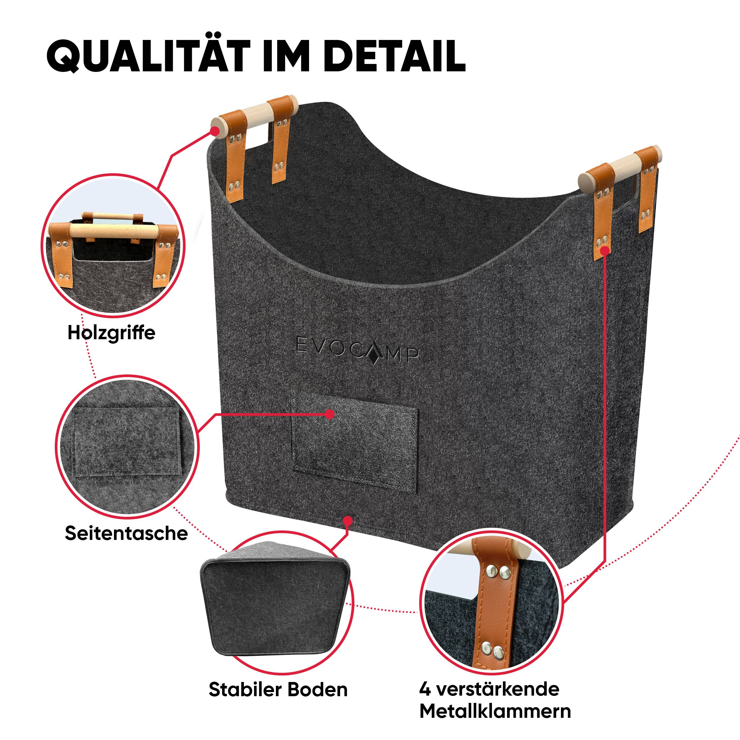 EVOCAMP Filzkorb Aufbewahrung für Brennholz, Korb aus Filz in Dunkelgrau, 44x44x30 cm, Holzgriffen, vielseitige Verwendungsmöglichkeiten