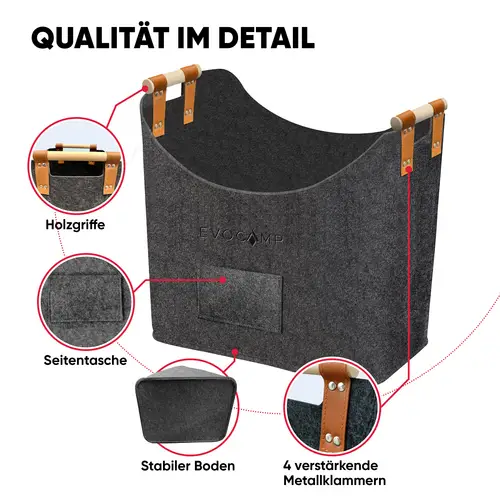 EVOCAMP Filzkorb Aufbewahrung für Brennholz, Korb aus Filz in Dunkelgrau, 44x44x30 cm, Holzgriffen, vielseitige Verwendungsmöglichkeiten EVOCAMP Filzkorb Aufbewahrung für Brennholz, Korb aus Filz in Dunkelgrau, 44x44x30 cm, Holzgriffen, vielseitige Verwendungsmöglichkeiten