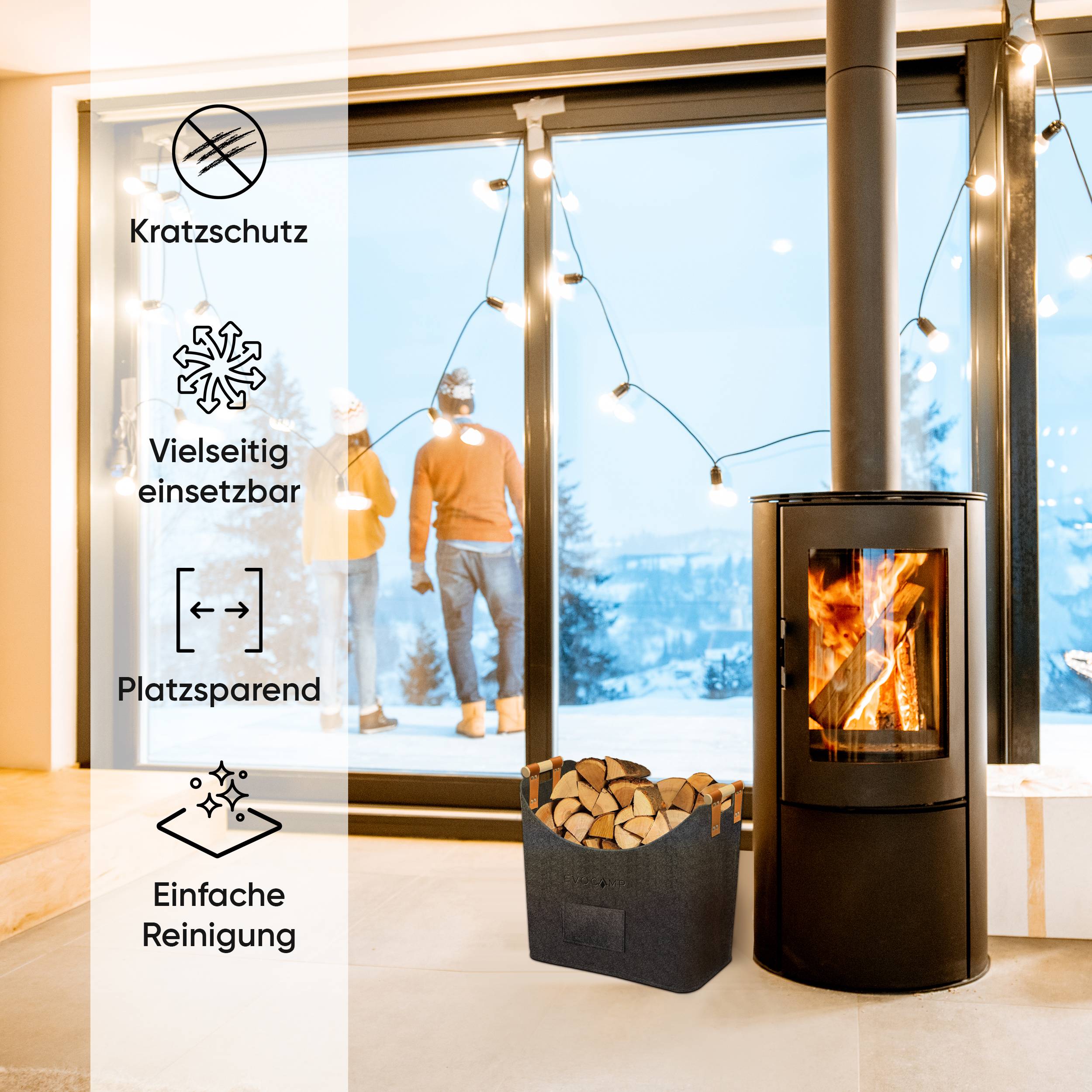 EVOCAMP Filzkorb Aufbewahrung für Brennholz, Korb aus Filz in Dunkelgrau, 44x44x30 cm, Holzgriffen, vielseitige Verwendungsmöglichkeiten