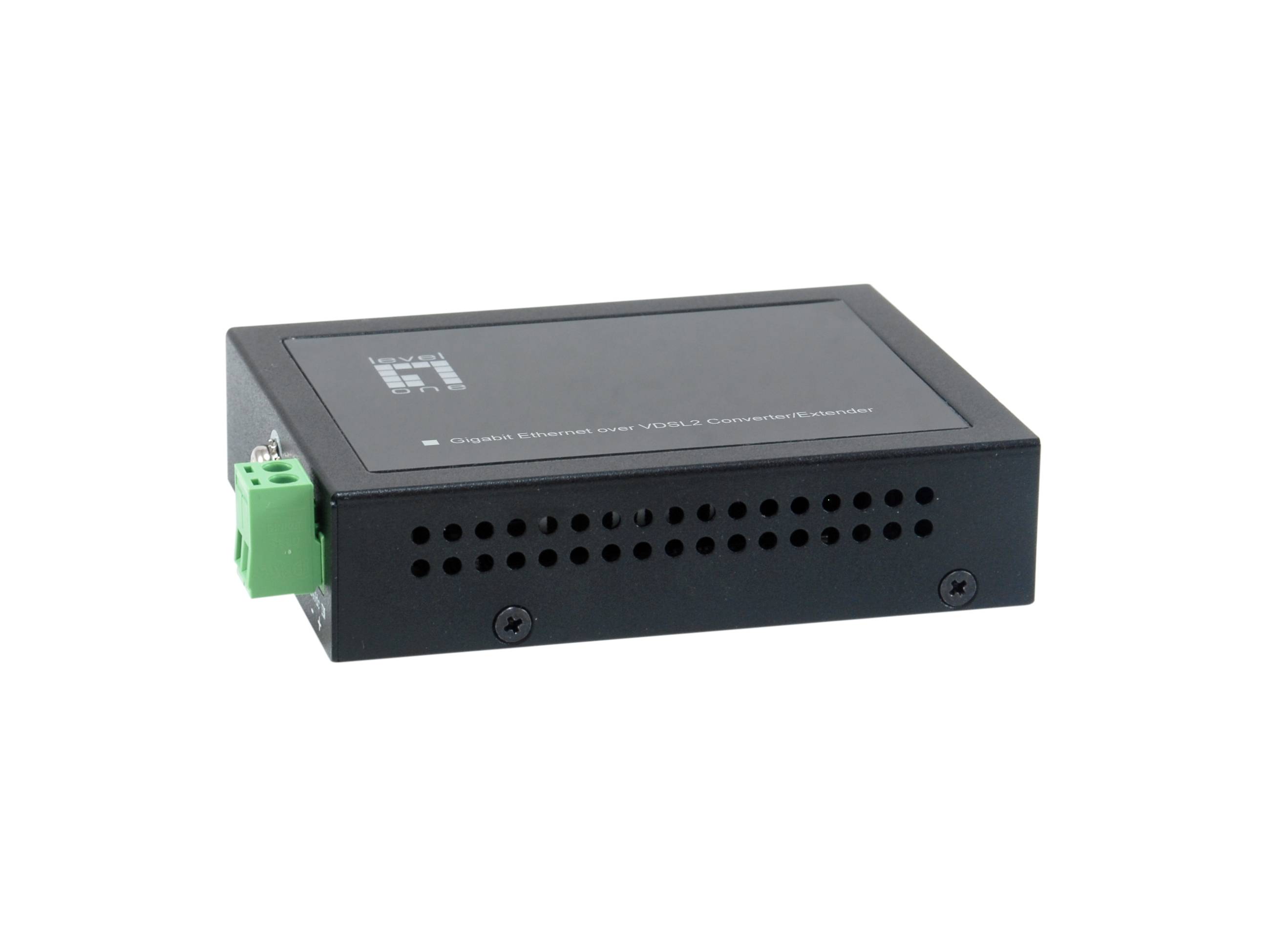 Schwarzes elektronisches Steuermodul mit Belüftungslöchern und einem grünen Anschlussklemmen auf der linken Seite, gezeigt auf weißem Hintergrund.