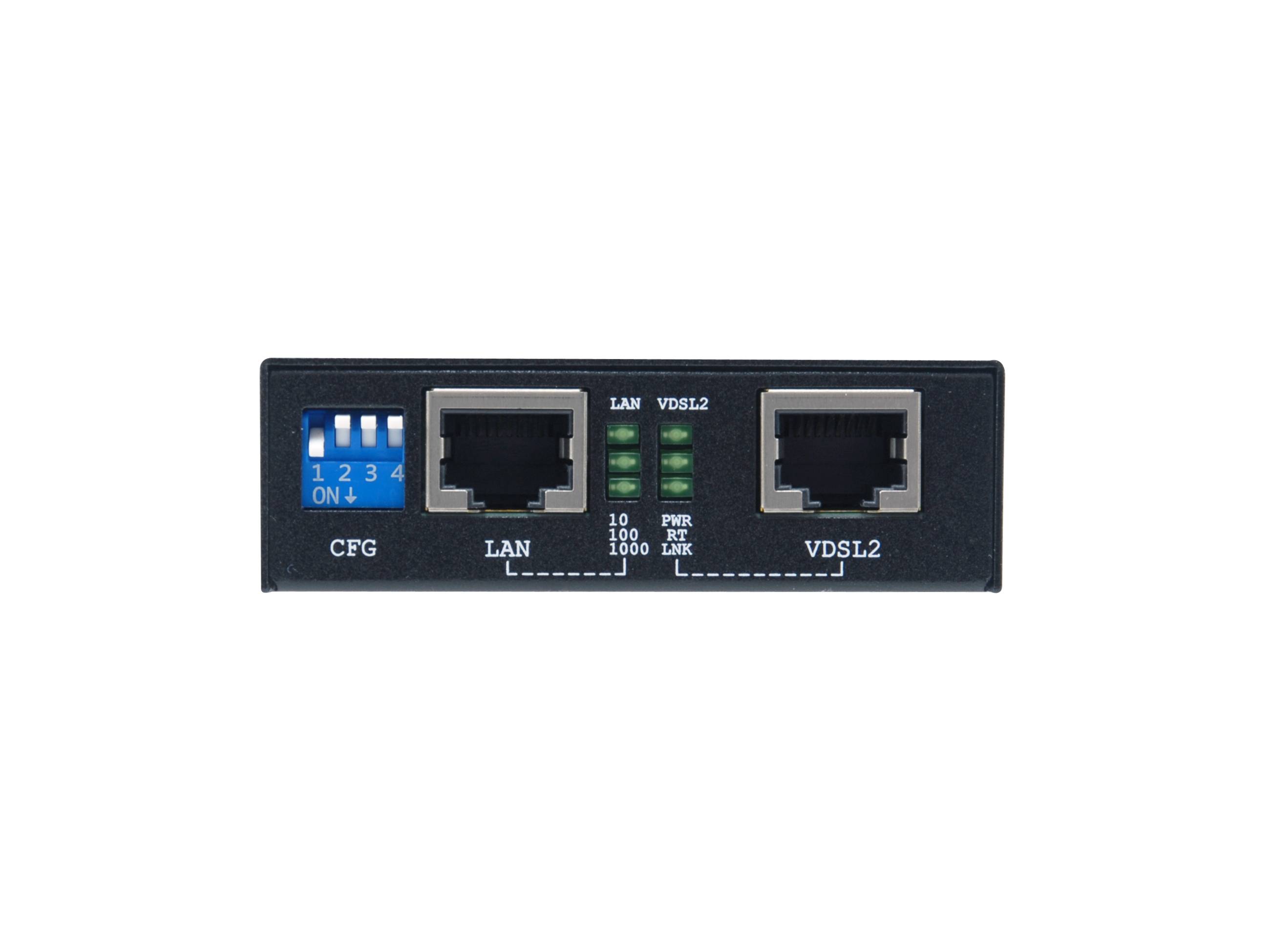 Frontplatte eines Geräts mit einem 4-poligen CFG-DIP-Schalter, zwei RJ45-Anschlüssen mit der Bezeichnung LAN und VDSL2, sowie grünen LAN/VDSL-Verbindungs-/Aktivitäts-LEDs.