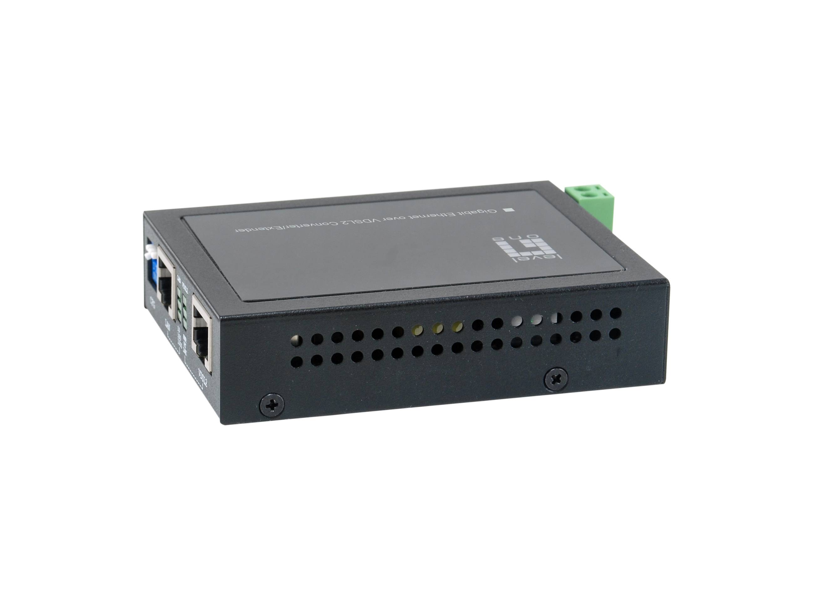 Schwarzes Industrie-Netzwerkgerät mit Ethernet-Anschlüssen und Status-LEDs, auf weißem Hintergrund dargestellt.
