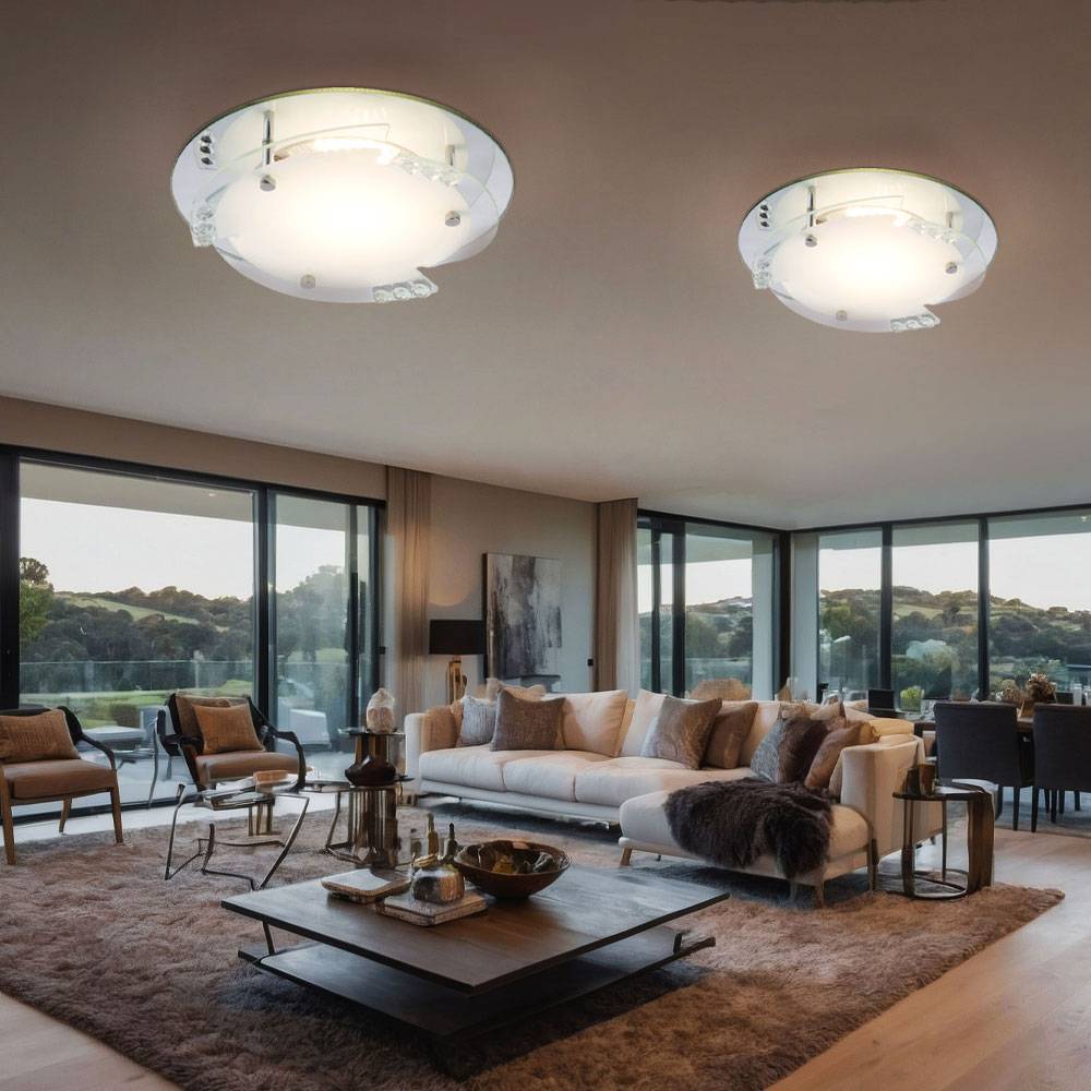 LED Deckenleuchte Kristalle Deckenlampe Wohnzimmerleuchte Schlafzimmerlampe Flurleuchte, Metall Glas weiß, 12W 680Lm warmweiß, DxH 25x9,5 cm, 2er Se