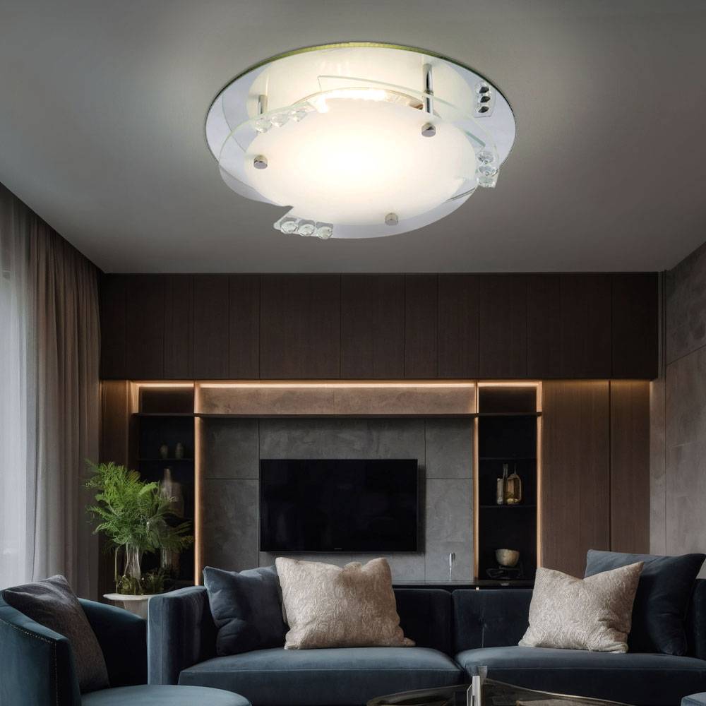 LED Deckenleuchte Kristalle Deckenlampe Wohnzimmerleuchte Schlafzimmerlampe Flurleuchte, Metall Glas weiß, 12W 680Lm warmweiß, DxH 25x9,5 cm, 2er Se