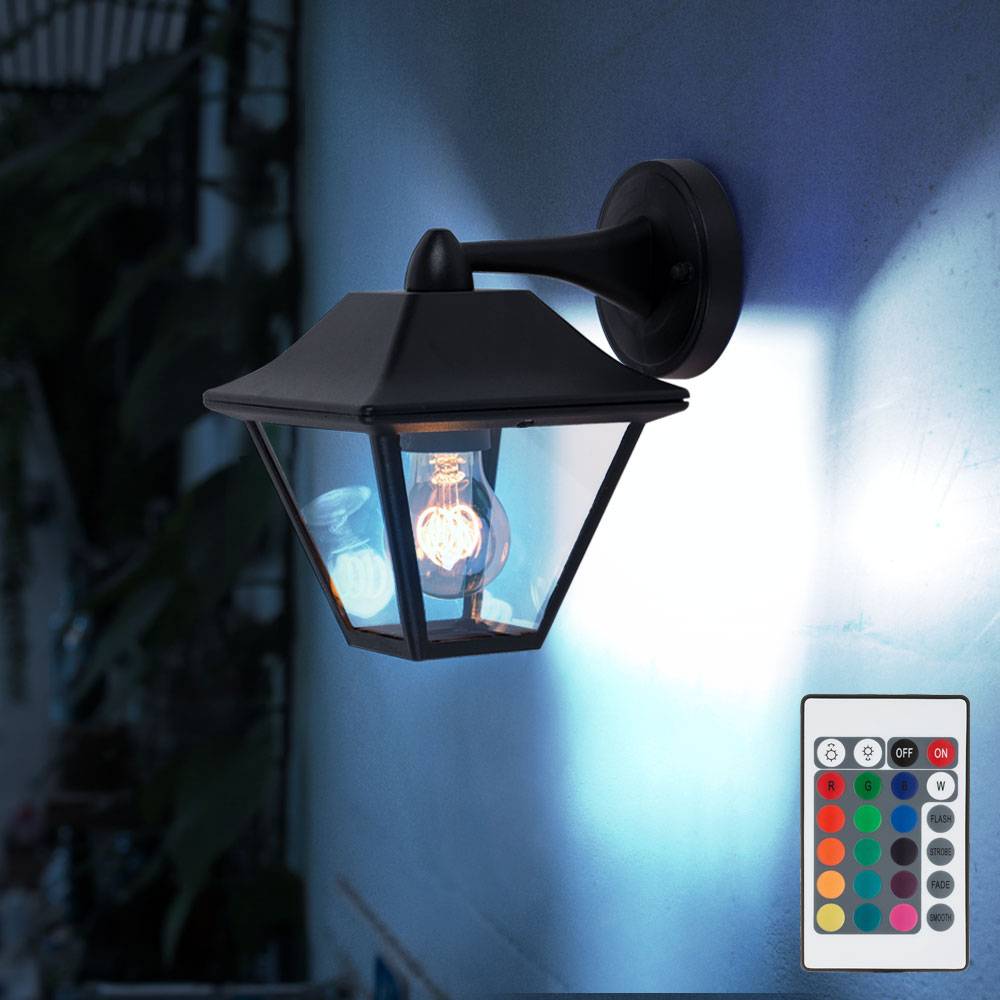 Außenleuchte Wandlampe schwarz Hauswandleuchte Laterne Wandleuchte Glas klar, Aluminium, Fernbedienung dimmbar, RGB LED 8,5W 806Lm warmweiß, TxH 23