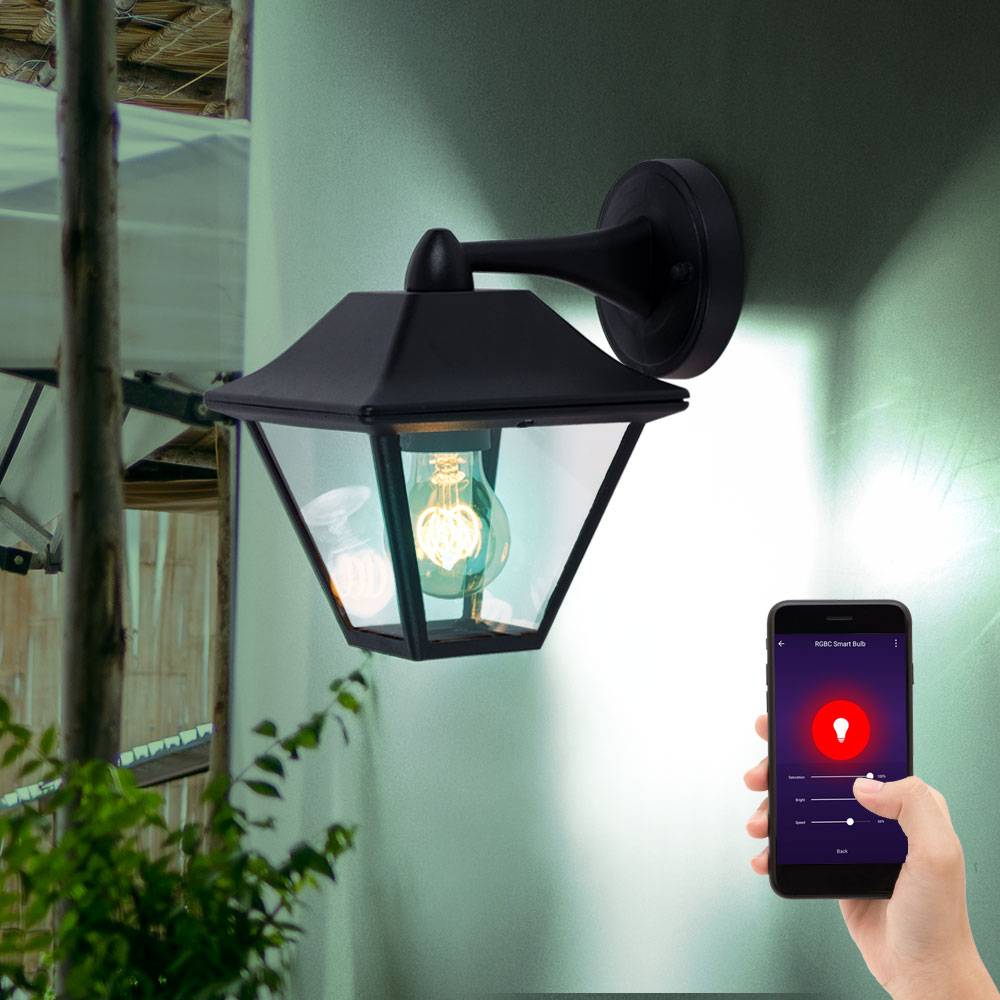 Smart Außenleuchte Wandlampe schwarz Hauswandleuchte Laterne Wandleuchte Glas klar, Aluminium, App-Steuerung CCT, RGB LED 8,5W 806Lm, TxH 23,5x22,5