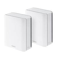 Zwei weiße kabellose Router-Geräte nebeneinander auf einem einfachen Hintergrund, wahrscheinlich ein Mesh-Wi‑Fi-System.