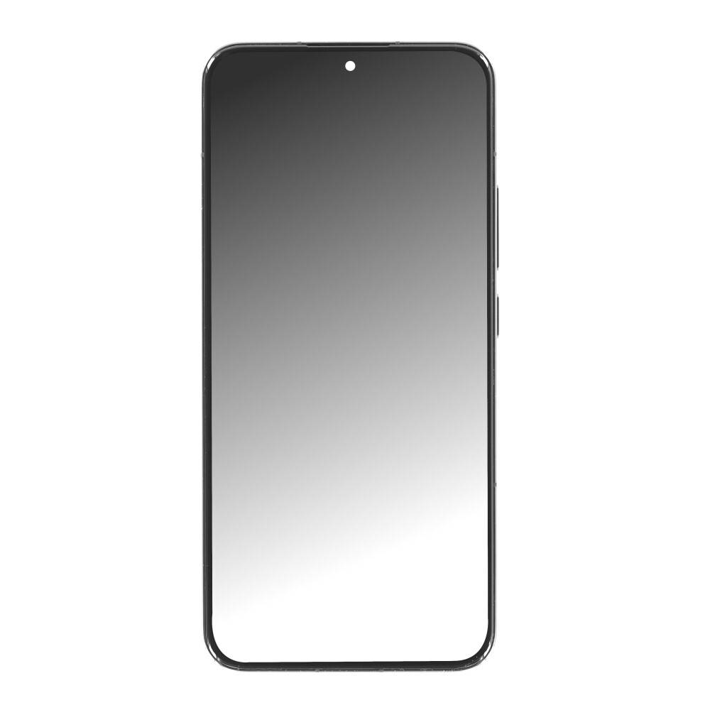 Ein schwarzes Smartphone mit einem leeren, reflektierenden Bildschirm und minimalen Seitentasten ist vor einem weißen Hintergrund zentriert.