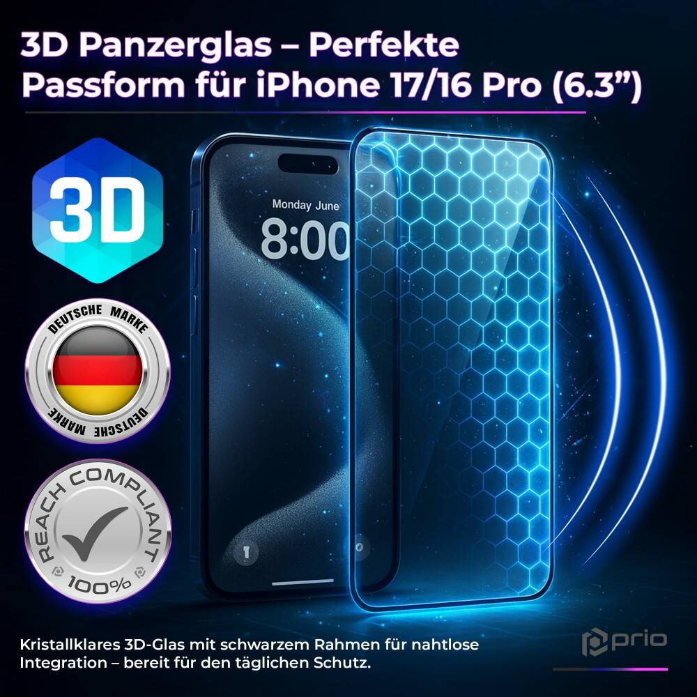 prio 3D Anti-Scratch Tempered Glass für iPhone 16 Pro (6,3 Zoll) schwarz