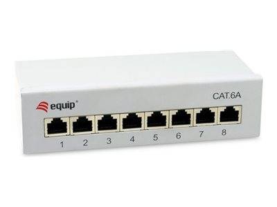 Weißer 8-Port-Ethernet-Netzwerk-Switch mit beschrifteten RJ45-Anschlüssen 1-8 und CAT.6A-Markierung auf der Vorderseite.
