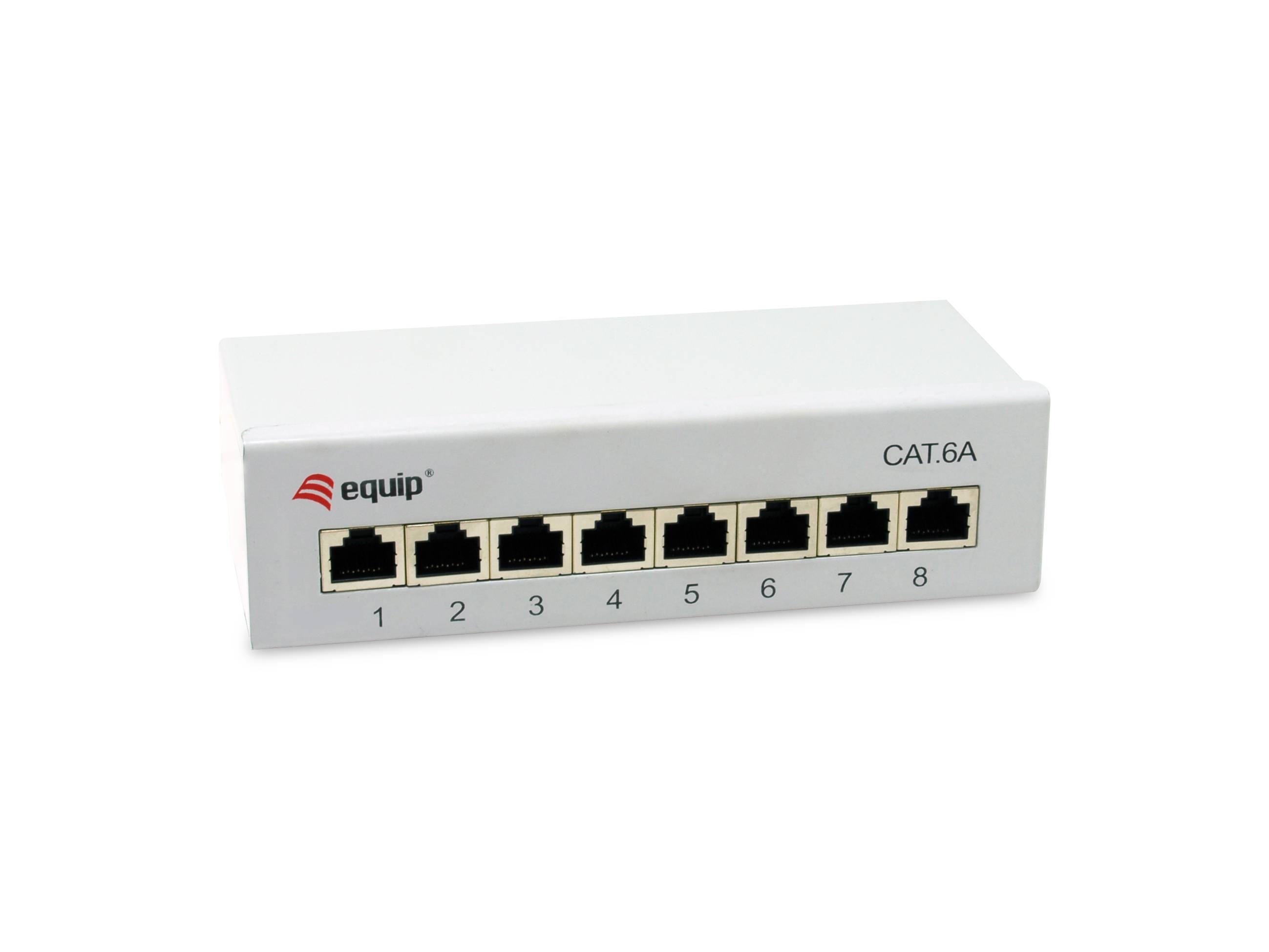 Ein weißer 8-Port Cat.6A Ethernet-Netzwerk-Switch oder Patch-Panel mit nummerierten RJ45-Anschlüssen.