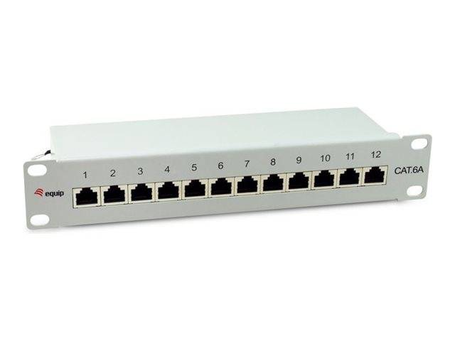 12-Port CAT6A Ethernet-Patchfeld mit nummerierten RJ45-Buchsen und Rack-Befestigungsohreln.