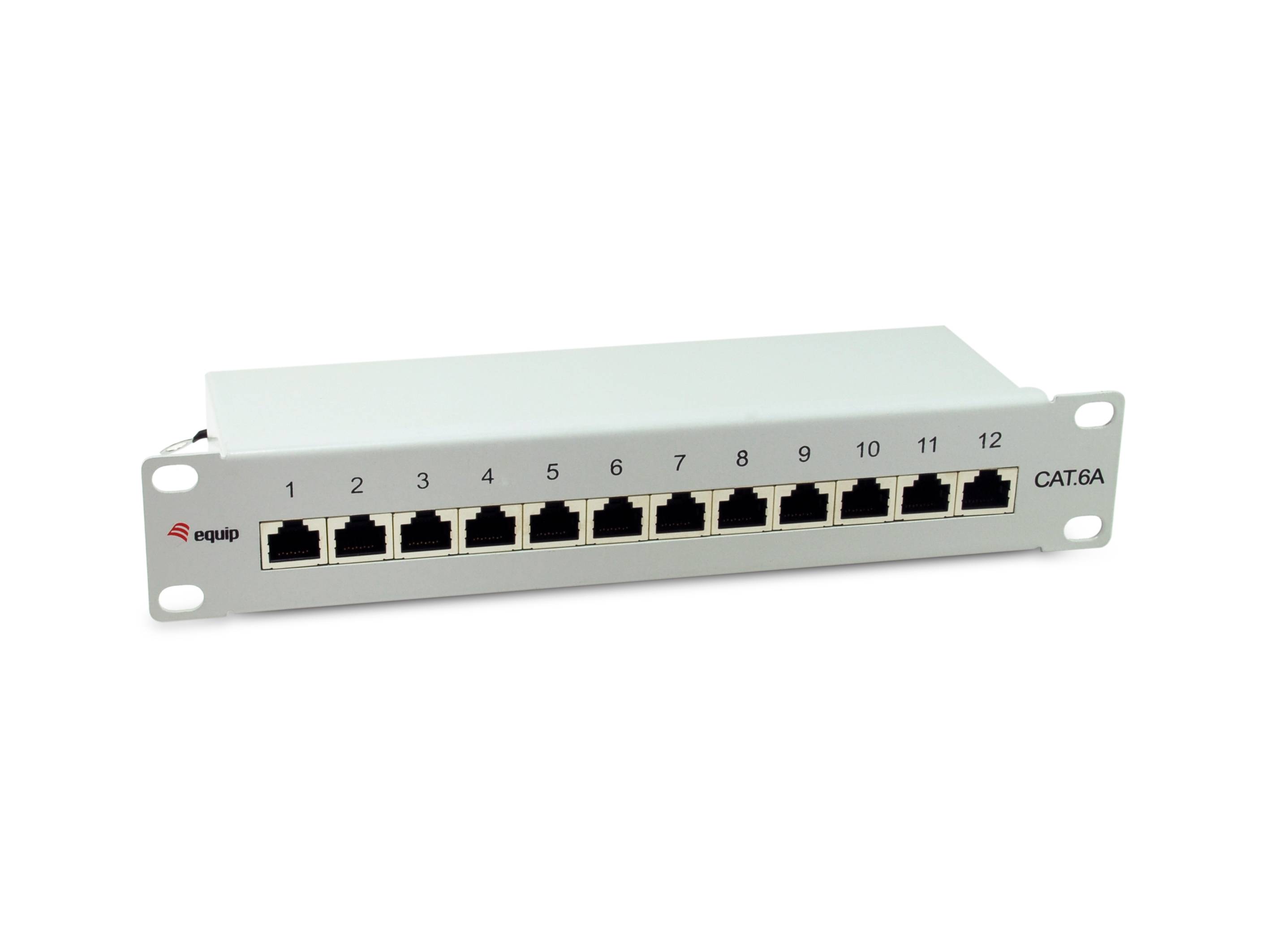 Rack-montiertes Cat.6A-Patchfeld mit 12 nummerierten Ethernet-Anschlüssen und Befestigungsohren.