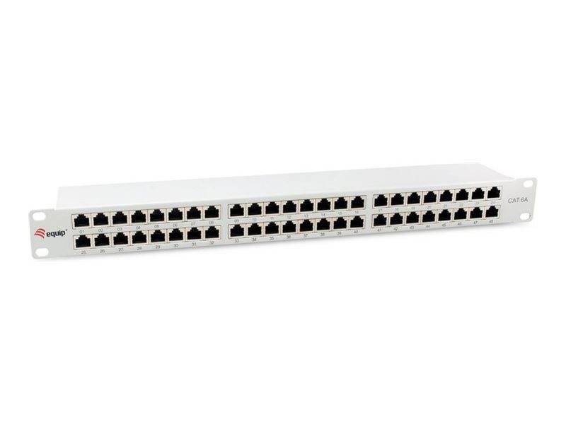 24-Port-Ethernet-Netzwerk-Switch mit einer Reihe von RJ45-Anschlüssen auf einem weißen Rack-Mount-Panel.