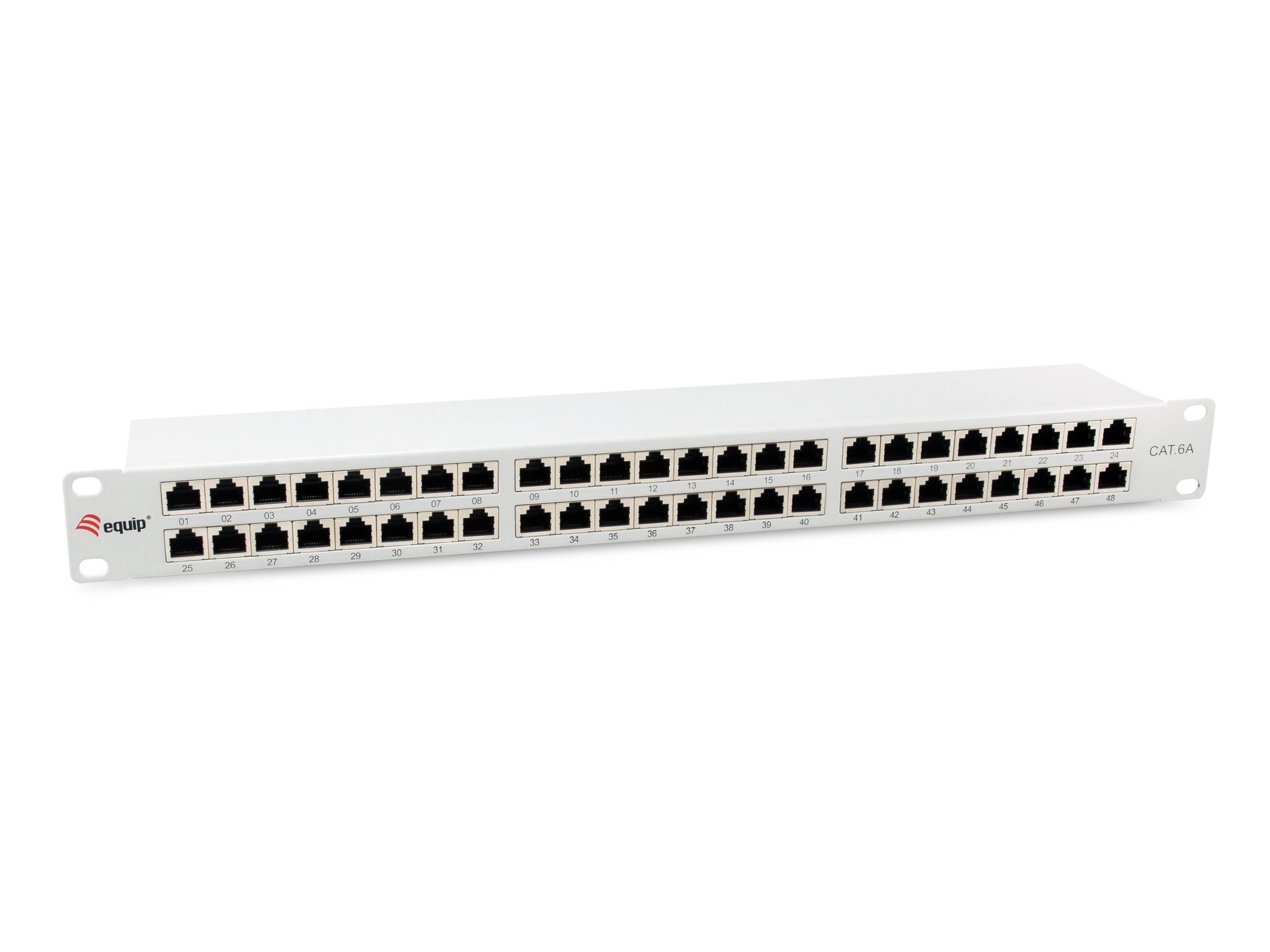 48-Port-Ethernet-Netzwerk-Switch mit nummeriert kennzeichneten RJ45-Anschlüssen auf der Frontplatte und dem Label 