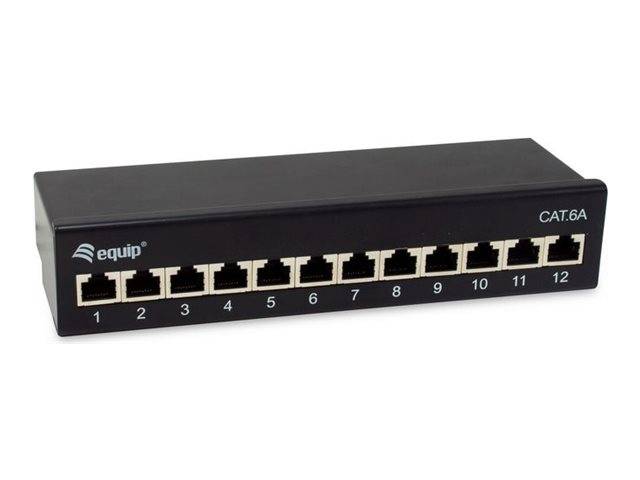 12-Port schwarzes Cat6A-Ethernet-Patchfeld mit nummerierten Netzwerkports und Equip-Logo