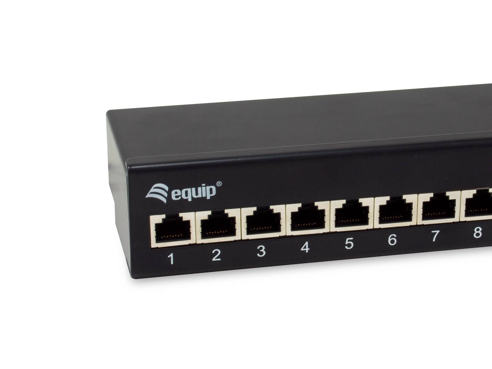 Schwarzer 8-Port-Ethernet-Netzwerk-Switch mit nummerierten RJ45-Anschlüssen auf der Frontplatte.