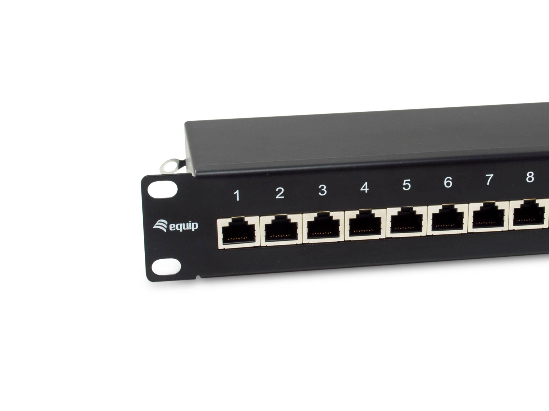 Vorderansicht eines 8-Port-Netzwerk-Switches mit nummerierten Ethernet-Ports auf einem schwarzen Metallpanel.