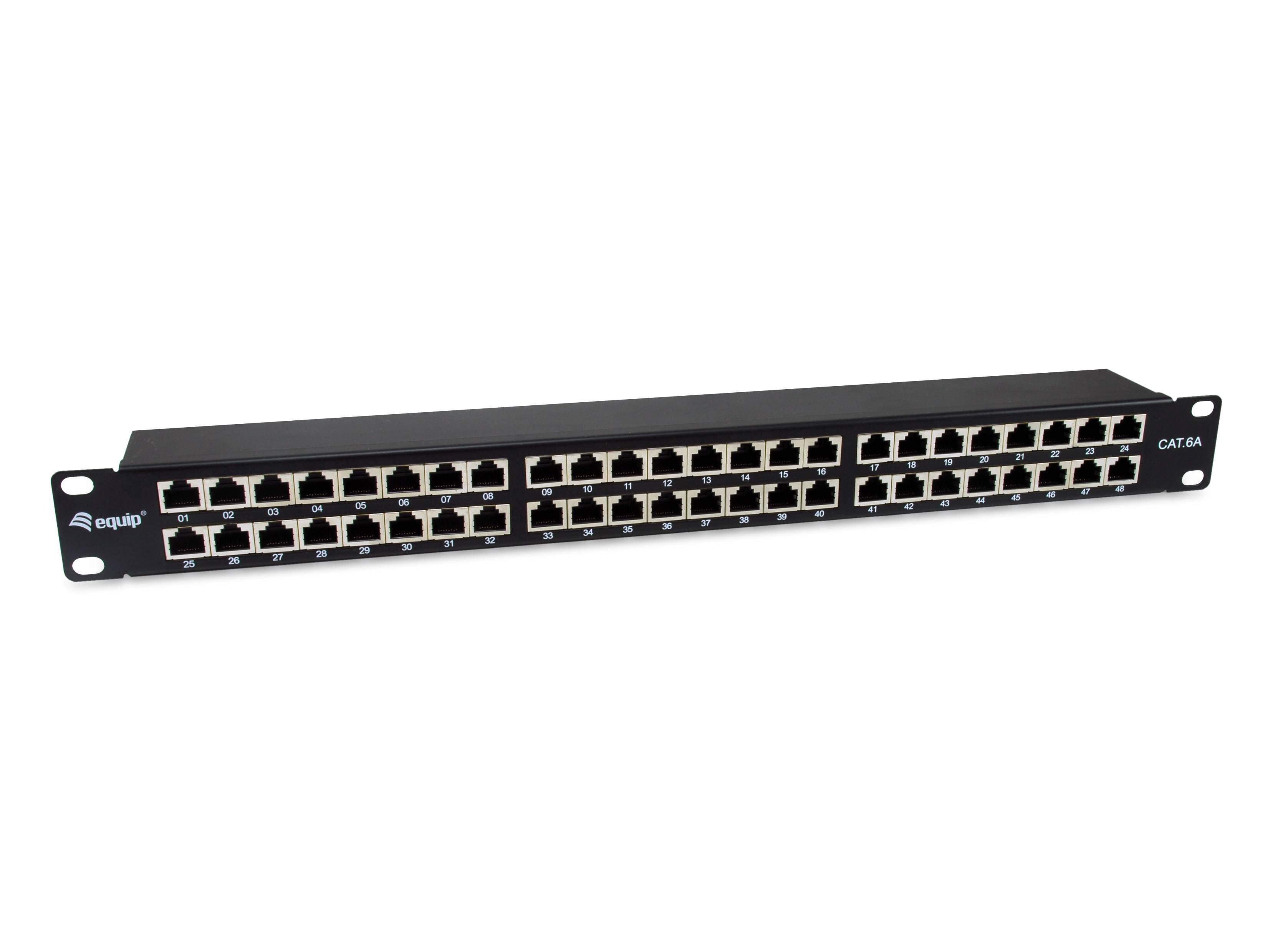 48-Port schwarzes Ethernet-Netzwerk-Patch-Panel mit nummerierten RJ45-Anschlüssen und CAT6A-Beschriftung