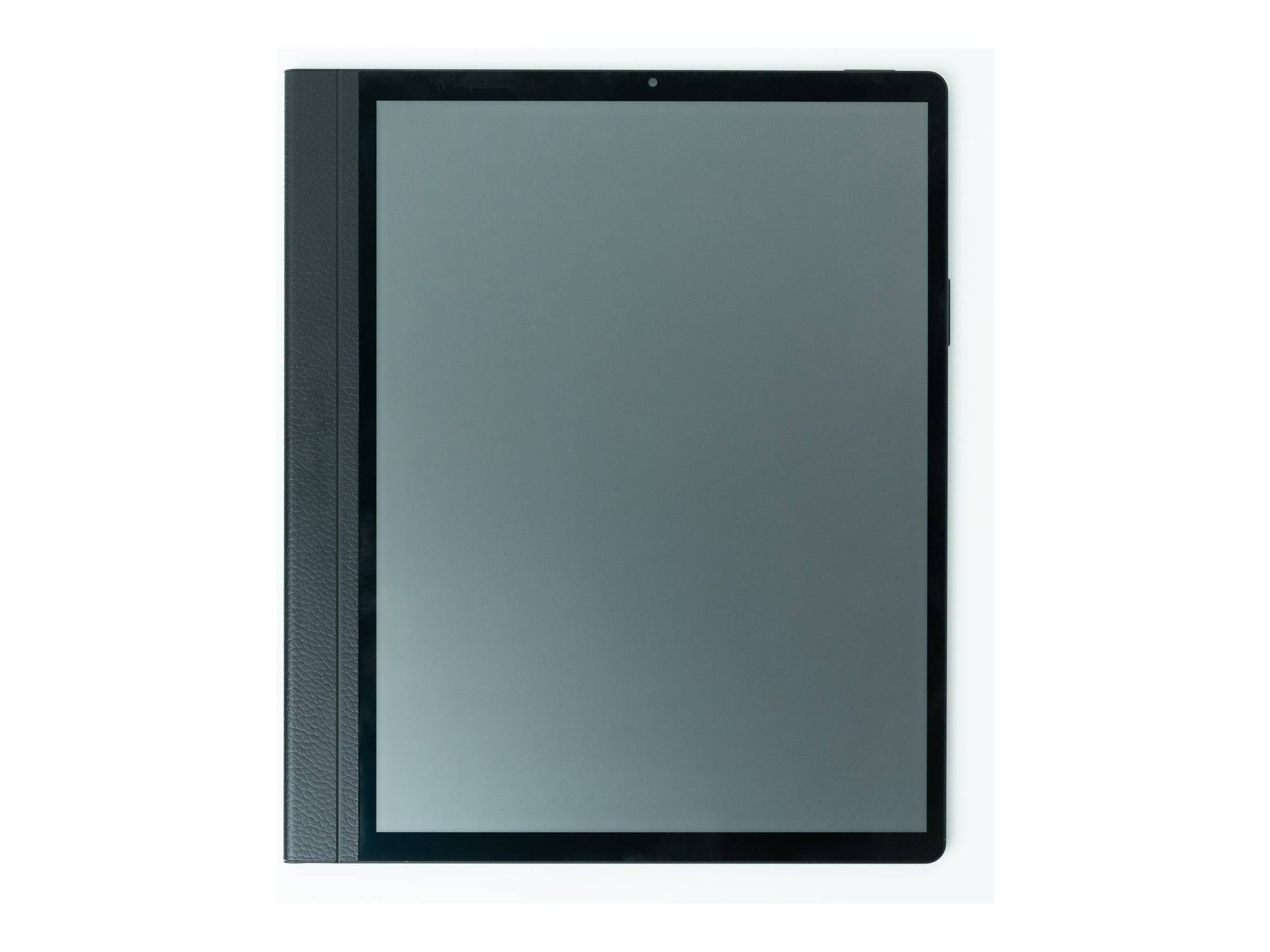 Ein leerer digitaler Bildschirm, der einem großen Tablet ähnelt und in Schwarz gerahmt ist, mit strukturierter linker Bordüre.
