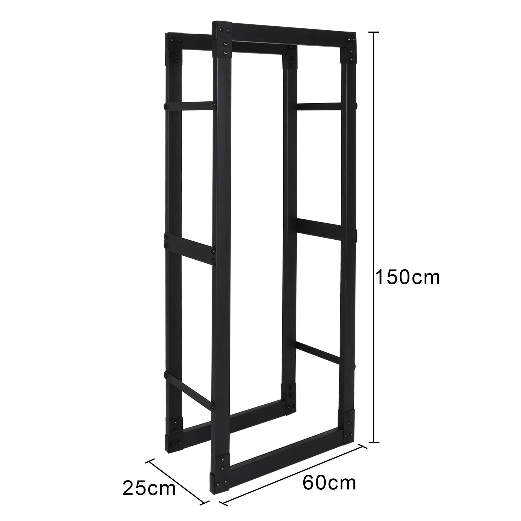 Schwarzer Metallrahmen aus Rechteck, 150 cm hoch und 60 cm breit, mit 25 cm Tiefe, dargestellt mit Beschriftungen der Abmessungen.