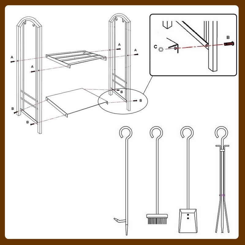 Kaminholzregal 40 x 30 x 74 cm Brennholzregal Kaminholzständer Metall Stapelhilfe Doppeldecker mit Werkzeugen