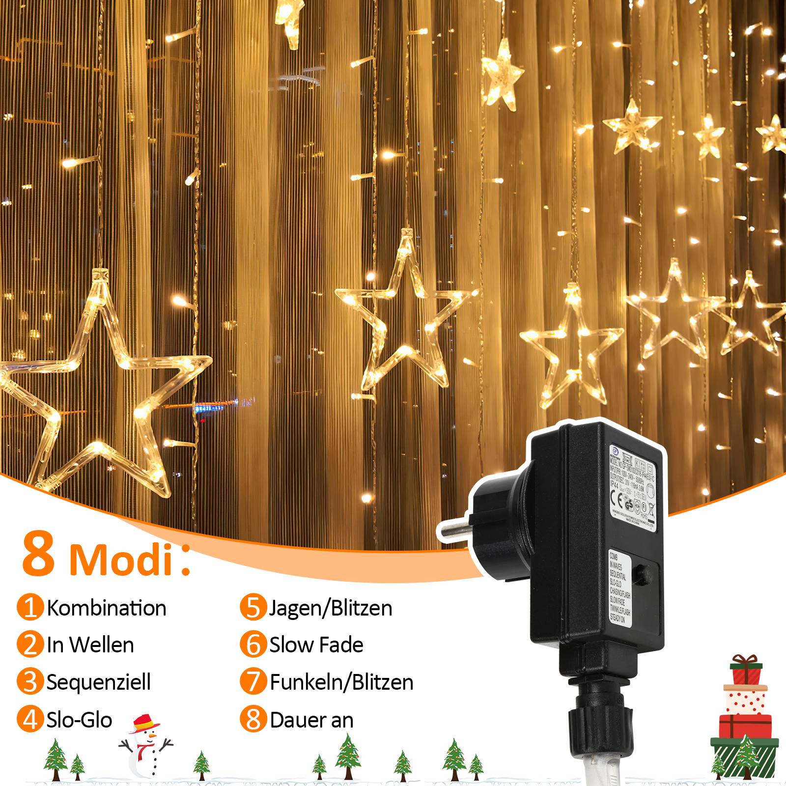 2M 138 LED Lichterkette Sterne Lichtervorhang Außen Innen Vorhang 8 Beleuchtungsmodi Weihnachten Party Garten Fenster Deko Warmweiß