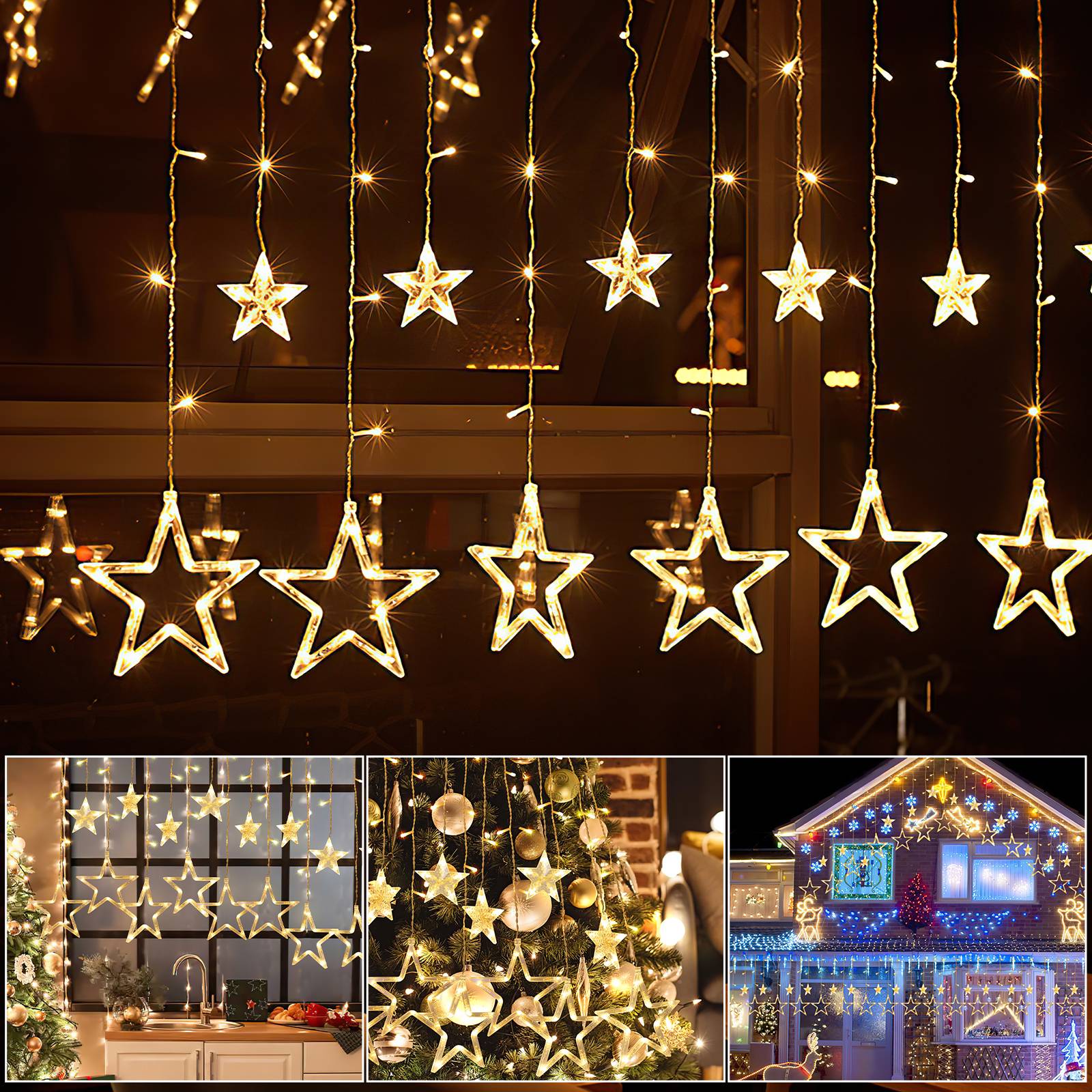 2M 138 LED Lichterkette Sterne Lichtervorhang Außen Innen Vorhang 8 Beleuchtungsmodi Weihnachten Party Garten Fenster Deko Warmweiß