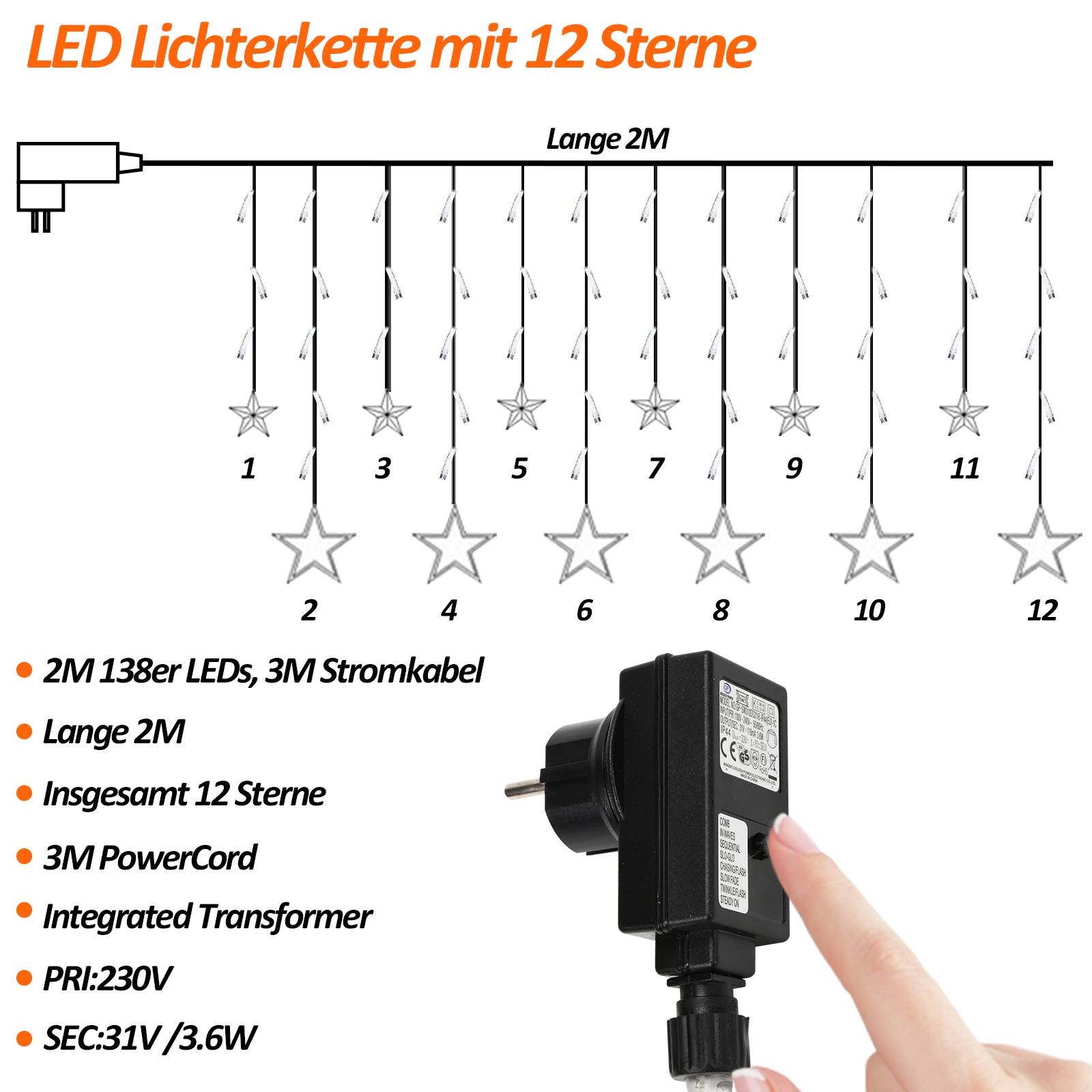 2M 138 LED Lichterkette Sterne Lichtervorhang Außen Innen Vorhang 8 Beleuchtungsmodi Weihnachten Party Garten Fenster Deko Warmweiß