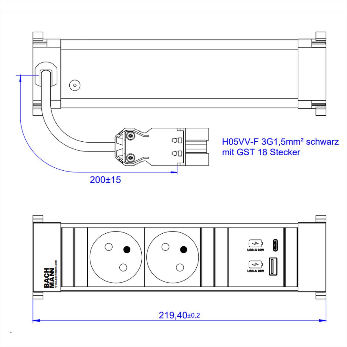 BACHMANN POWER FRAME S 2xUTE 1xUSB A/C 22W 0,2m GST18