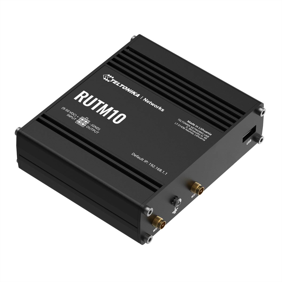 Schwarzer Teltonika Networks RUTM10 Industrie-Router/Modem in angewinkelter Produktansicht auf weißem Hintergrund.